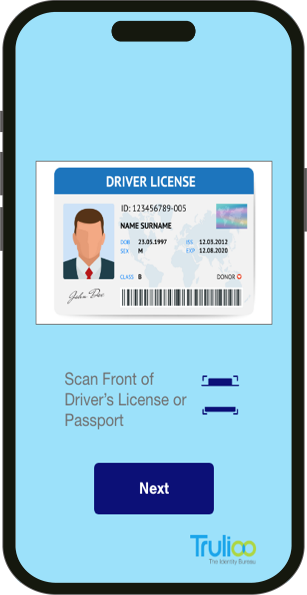 Image of mock driver's license scanning for background check, AML and KYC compliance.